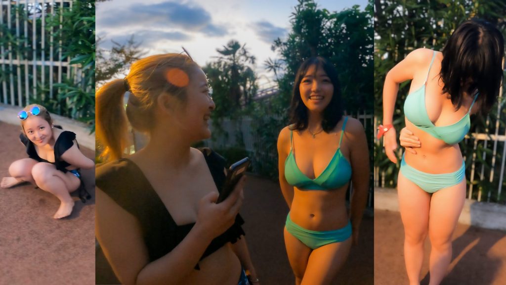 グラビアアイドル顔負けの美人巨乳女子大生2人組が水着で企画に挑戦